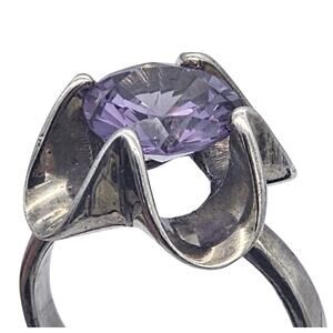 Vintage Estate Sterling Silver Mexico JS Purple Sapphire Cocktail Ring Size 8
